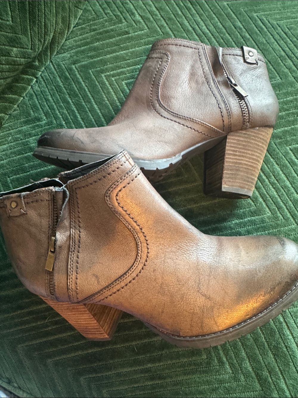 Clarks distressed Brown Leather Zip Ankle Booties with Stacked Heel